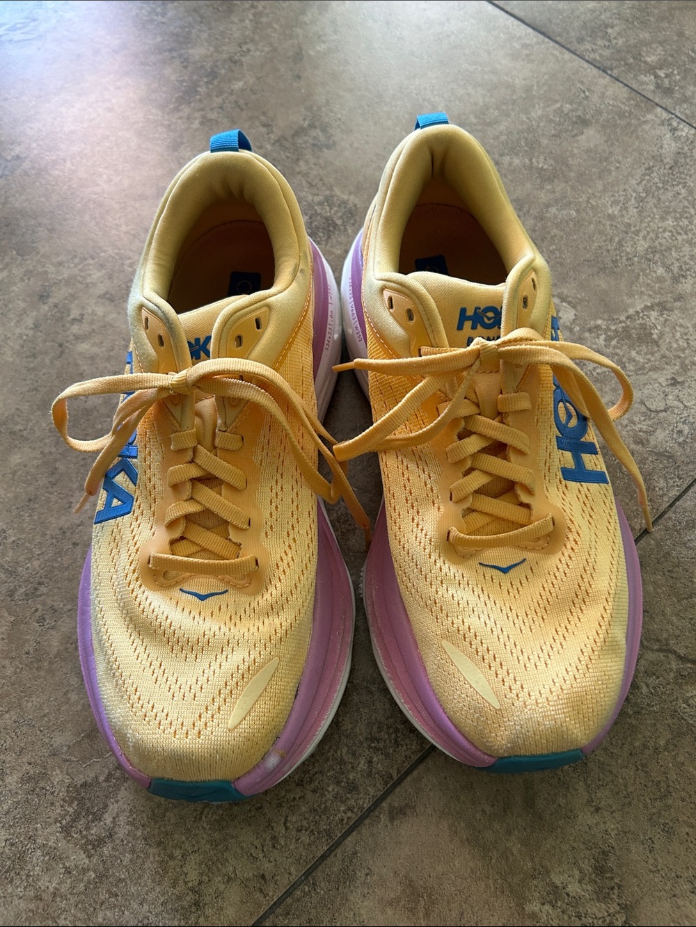 Hoka Women's Yellow Athletic Running Shoes with Blue Accents